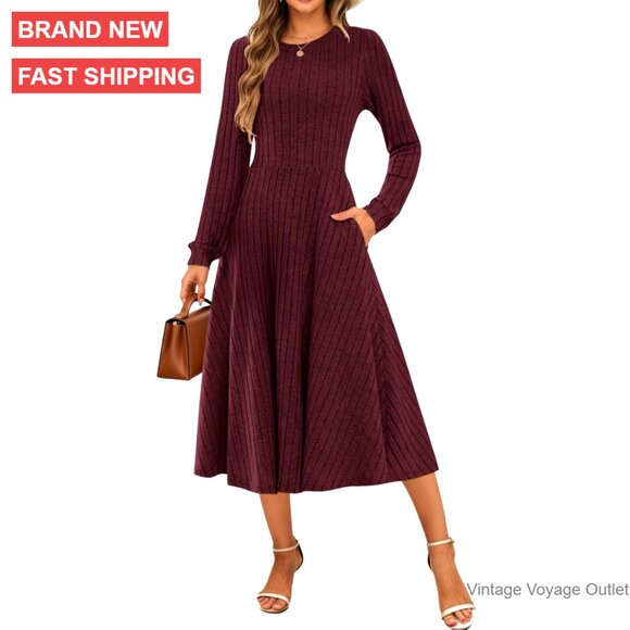 Long Sleeve Ribbed Knit Midi Sweater Dress with Pockets, Fall Wedding Guest